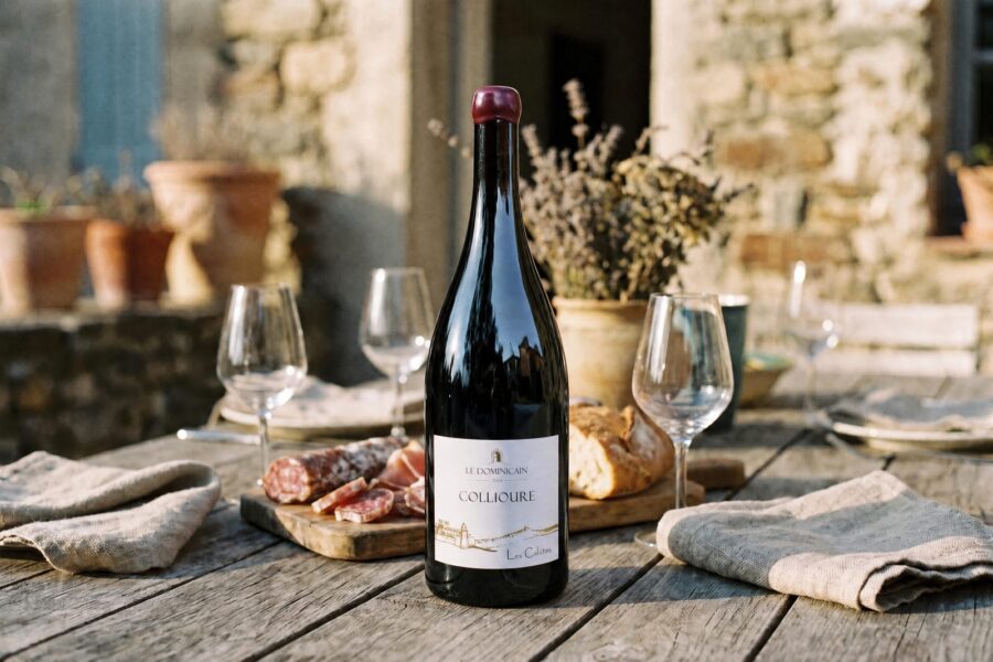 Magnum de Collioure Les Culottes sur une table dressée en terrasse, charcuterie catalane et pain