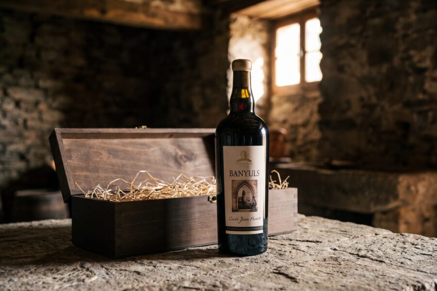 Coffret bois du Banyuls Cuvée Jean Pascot posé sur de la paille